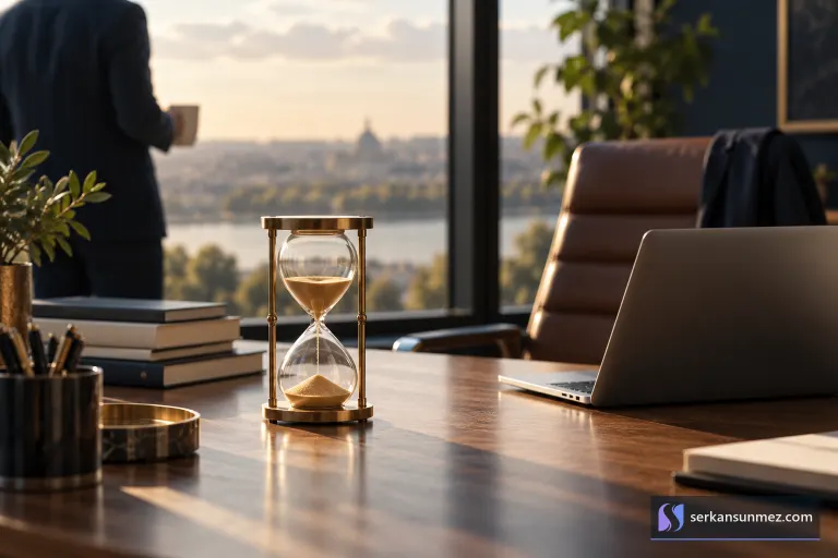 Zamanla değer kaybeden demirbaşları simgeleyen ofis eşyaları ve kum saati